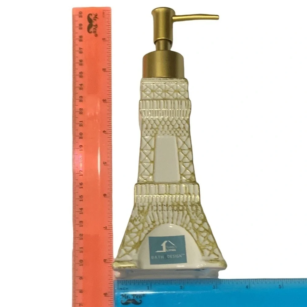 Eiffel Tower Soap Lotion Dispenser Pump Ceramic Satin Gold White
